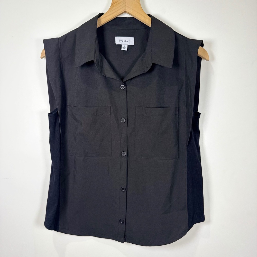 Evereve Black Sleeveless Button Down Top Women's Sm minimalist capsule workwear